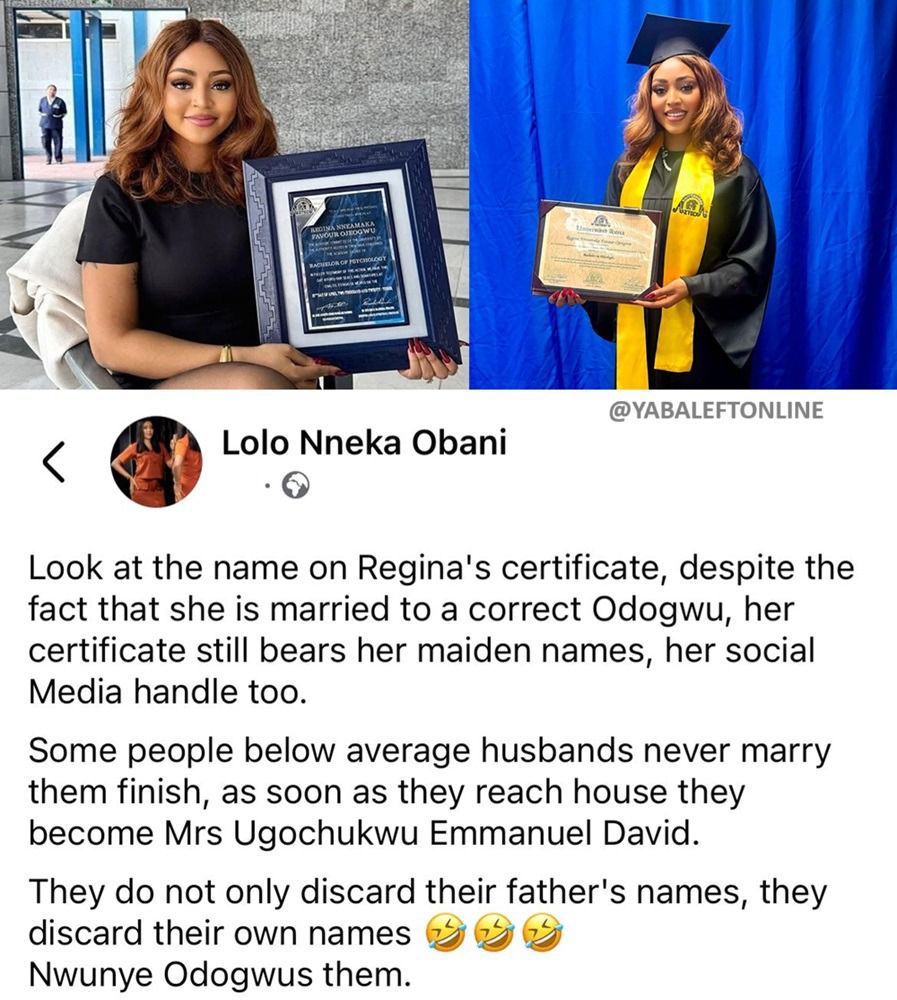 Lady reacts to Regina Daniels keeping her maiden name on certificate