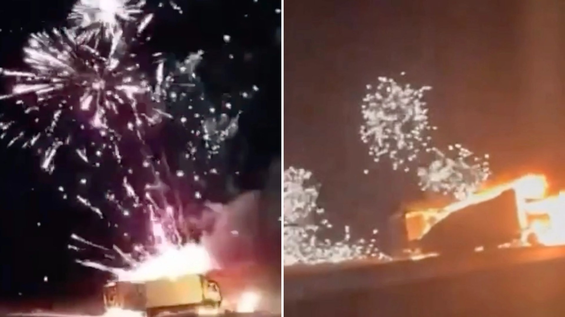 New Year 'comes EARLY' as truck carrying NYE fireworks crashes sending barrage of rockets flying into sky from wreck