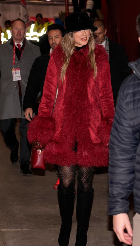 Swift wore a fur-trimmed coat to watch boyfriend Travis Kelce play in Kansas City, Missouri