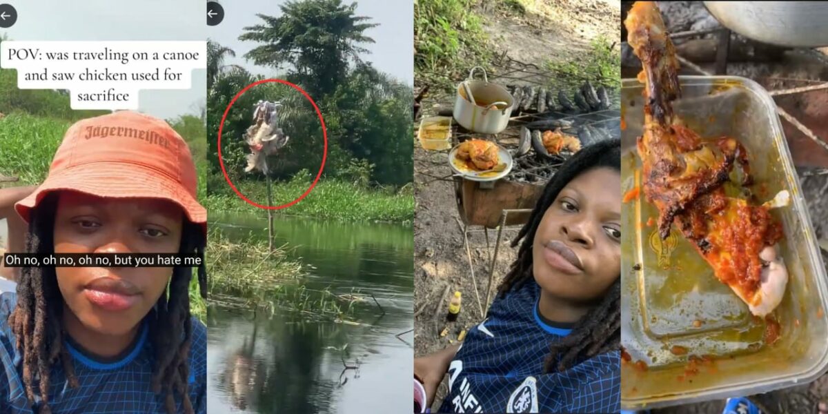 Lady allegedly hijacks ritual sacrifice she saw in a river, takes it home to make chicken barbecue