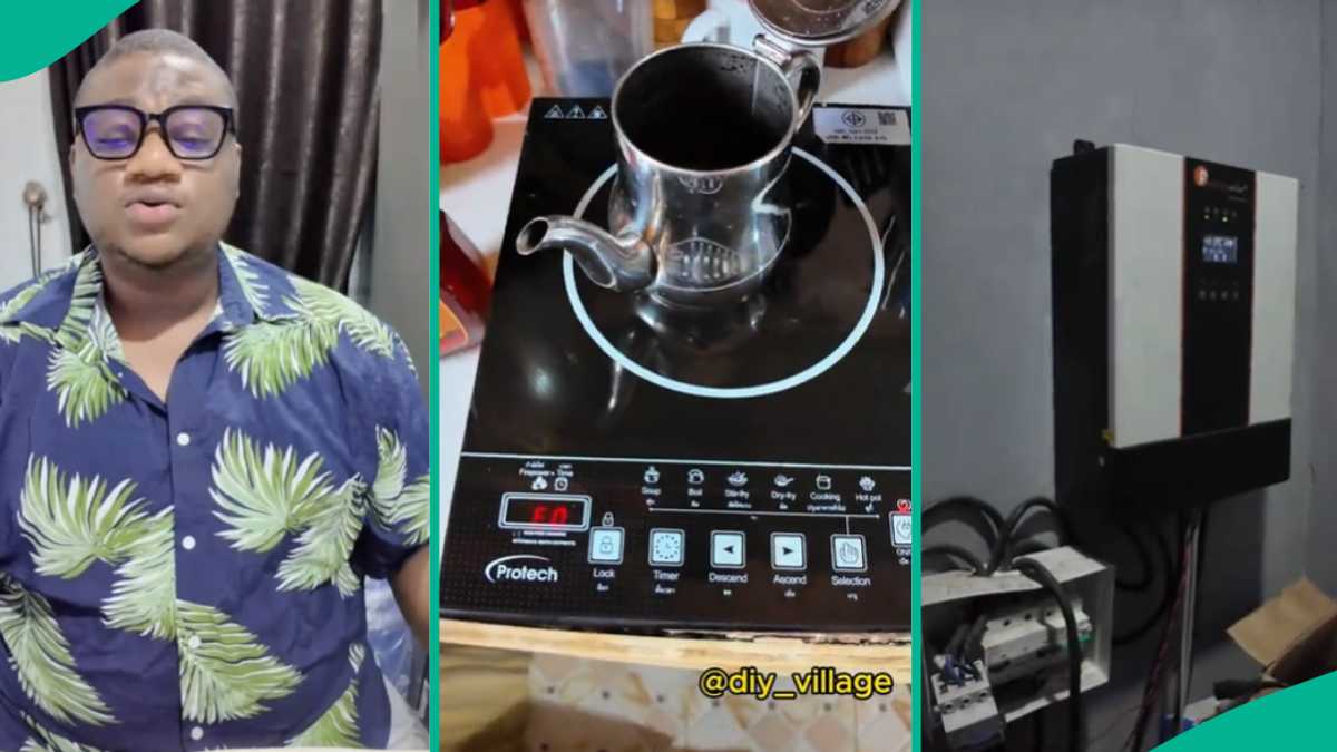 Man Using Solar System with Lithium Batteries for Stable Electricity Powers Induction Cooker