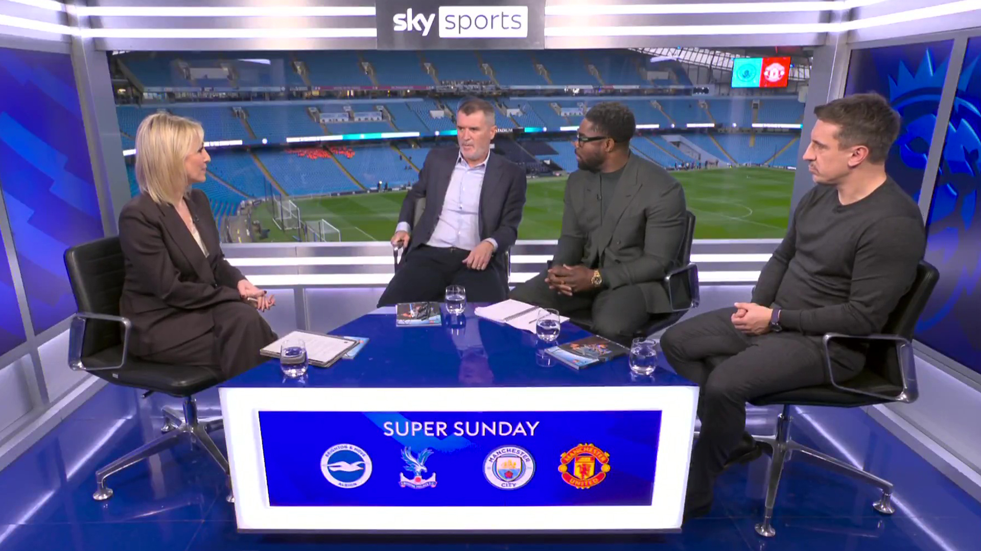 Roy Keane shows off new look live on TV as Sky Sports pundit joins Neville and Richards in studio for Manchester derby