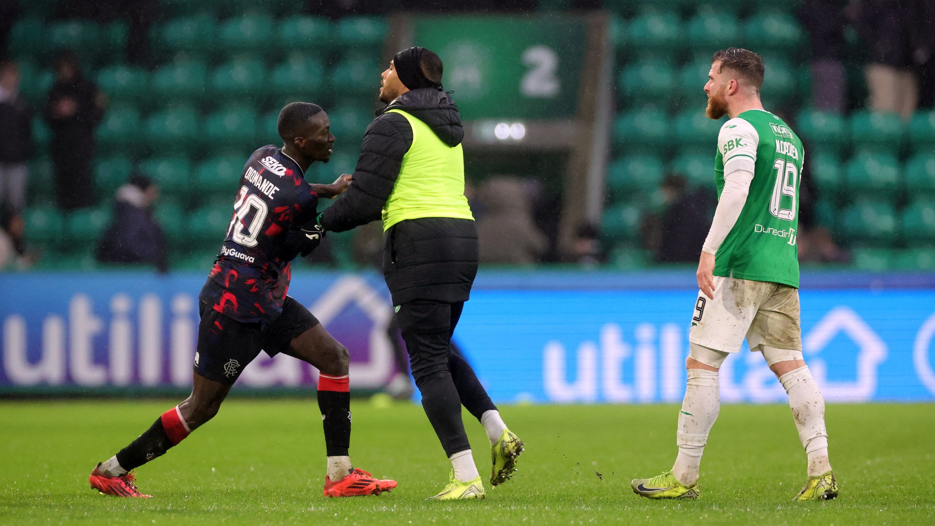 Hibs and Rangers stars involved in heated full time clash as teammates forced to intervene as tempers fray