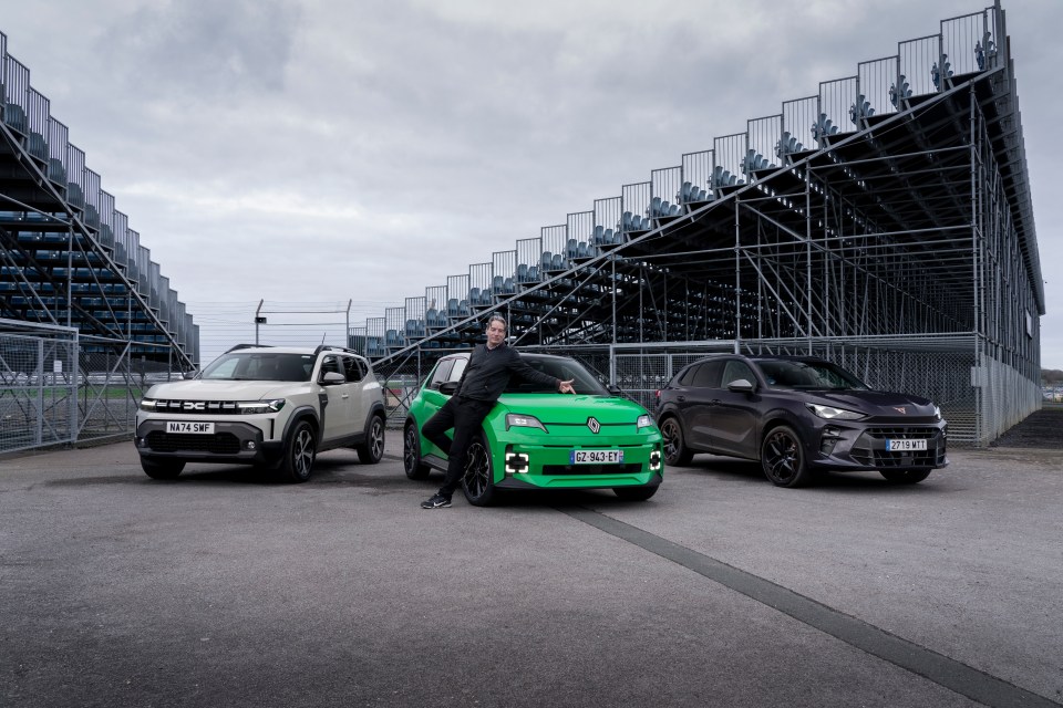 The Renault 5 (centre) faces competition from the Dacia Duster (left) and the Cupra Terramar (right)