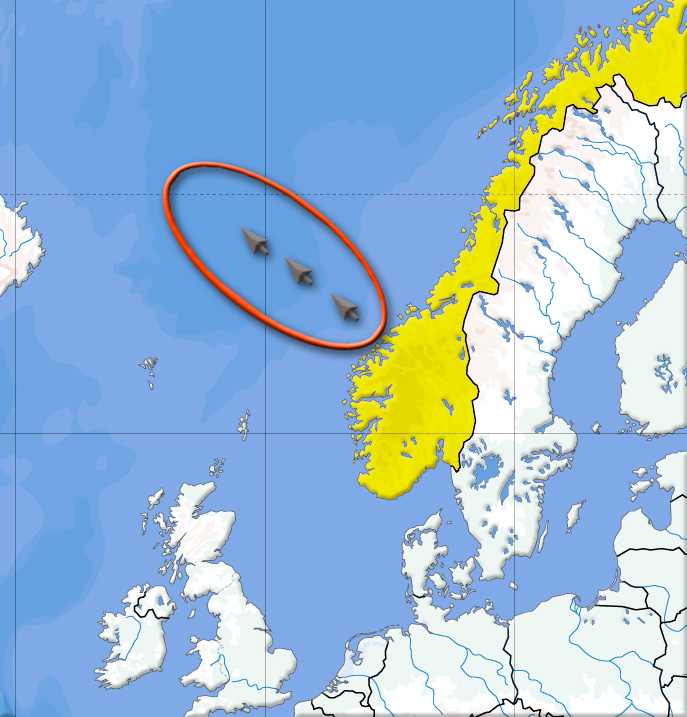 Map of the Storegga Slides, showing the location of the three submarine landslides off the coast of Norway.