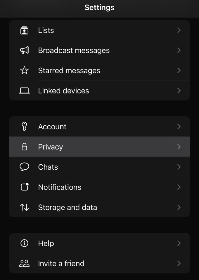 WhatsApp settings menu.