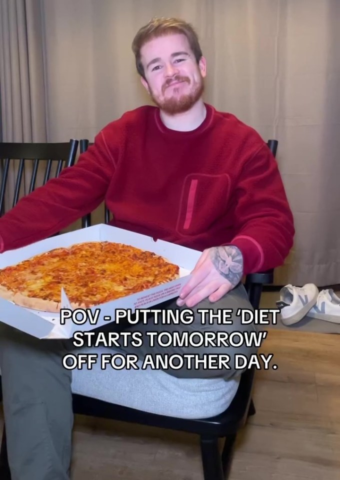 Man holding a pizza, text overlay: "POV - Putting the 'diet starts tomorrow' off for another day."