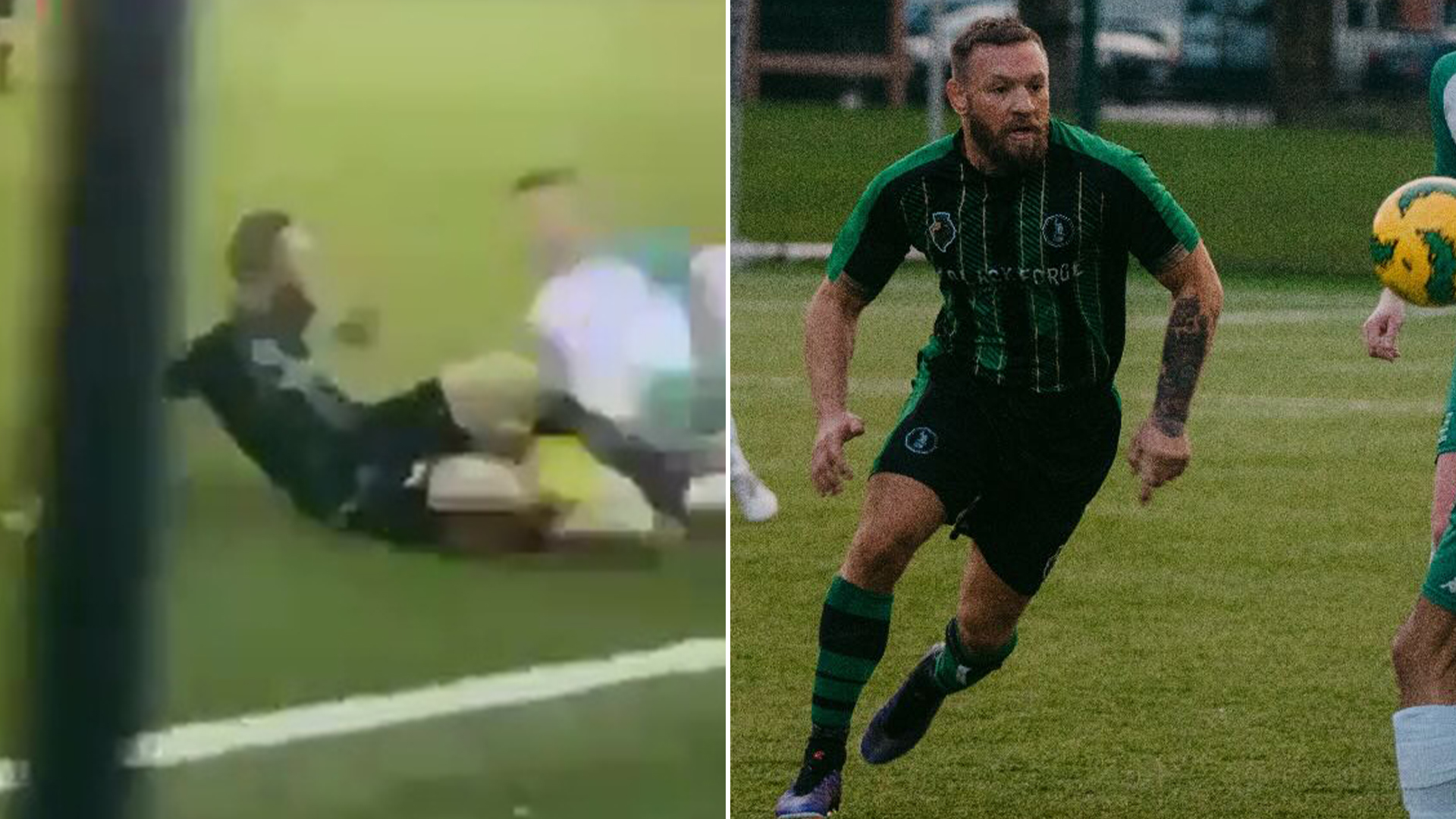 Conor McGregor plays football for his pub's team and puts in crunching tackles but also nearly scores from 30 yards out