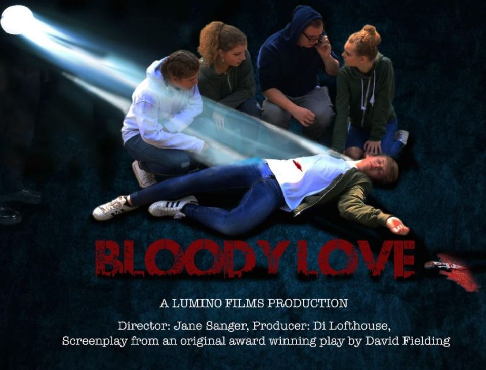 Poster for the film Bloody Love, showing a group of teenagers reacting to a friend lying on the ground with a bloody chest wound.