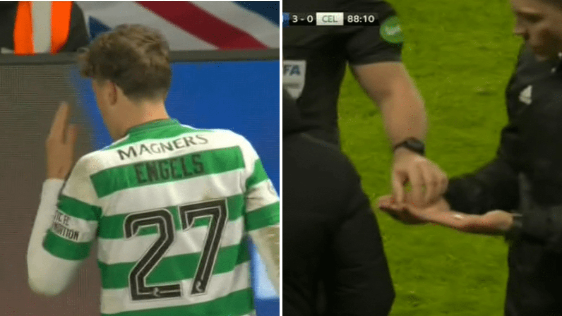 Celtic star Arne Engels felled by missile thrown by Rangers fan as Ibrox hero slams 'disgusting' behaviour