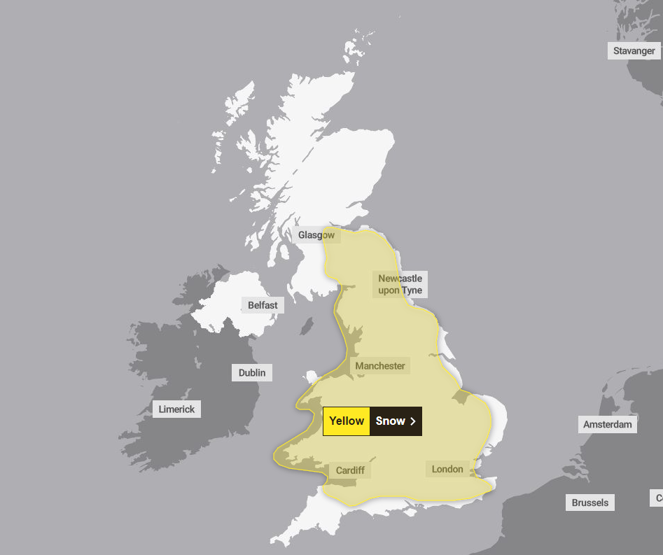 Brits are warned to get their gloves out as a snow warning covers most of the UK on the weekend